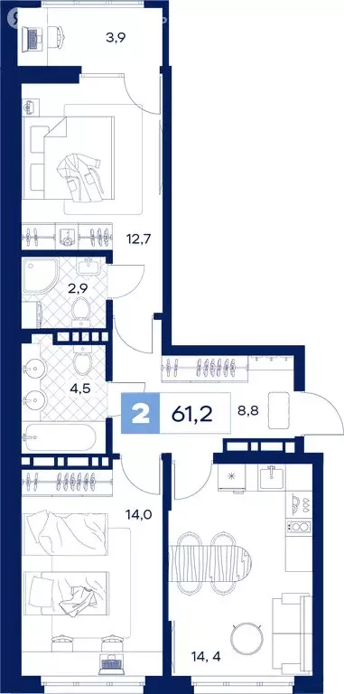 2-комнатная квартира: Тюмень, Пышминская улица, 216А (61.2 м) - Фото 0