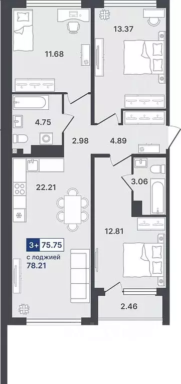 3-к кв. Тюменская область, Тюмень ул. Алексея Сергиенко, 1 (75.75 м) - Фото 1