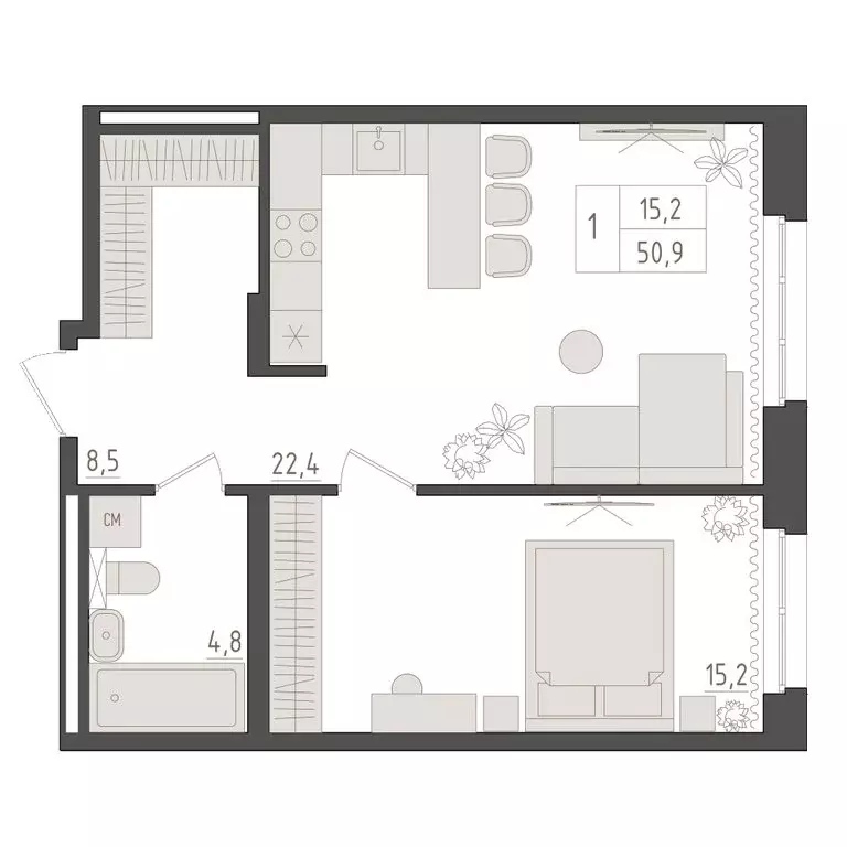 1-комнатная квартира: Уфа, улица Пушкина, 74 (50.9 м) - Фото 1