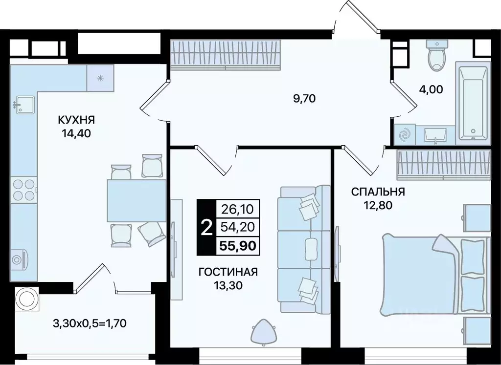 2-к кв. Ростовская область, Ростов-на-Дону просп. Шолохова (55.9 м) - Фото 0