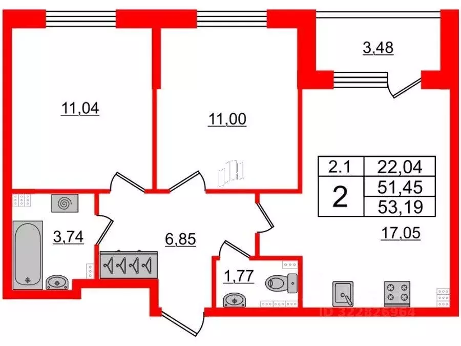 Квартира, 2 комнаты, 51.8 м - Фото 0