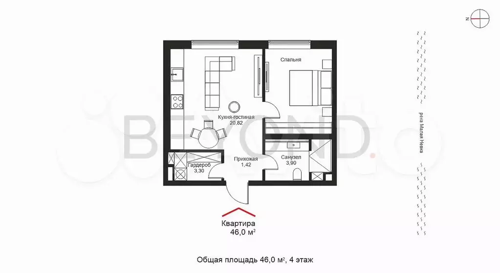 1-к. квартира, 46 м, 4/8 эт. - Фото 0