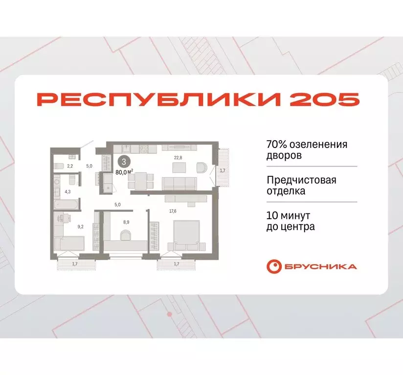 3-комнатная квартира: Тюмень, жилой комплекс Республики 205 (79.98 м) - Фото 0