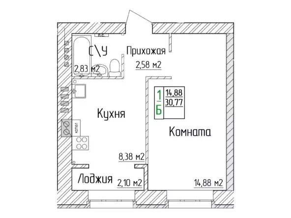 1-к квартира, 30.77 м - Фото 0
