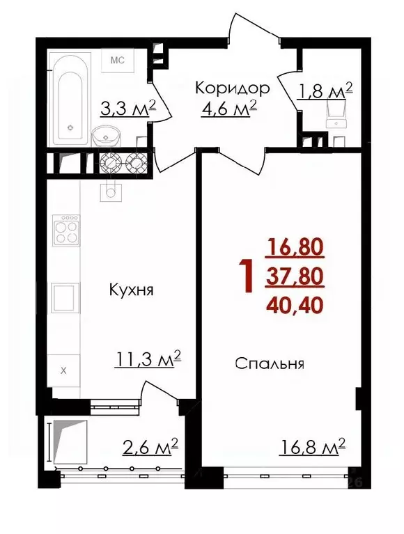 1-к кв. Белгородская область, Белгород ул. Губкина, 54 (40.4 м) - Фото 0