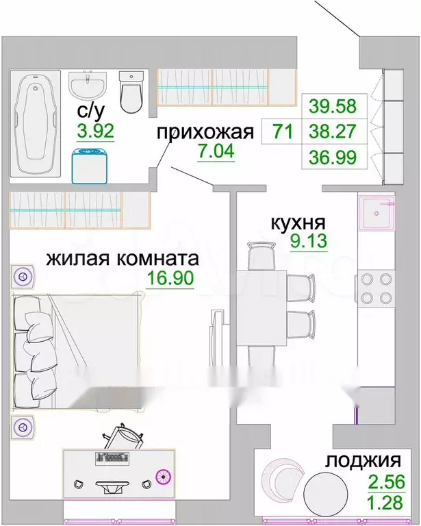 1-к. квартира, 38,6 м, 9/9 эт. - Фото 1