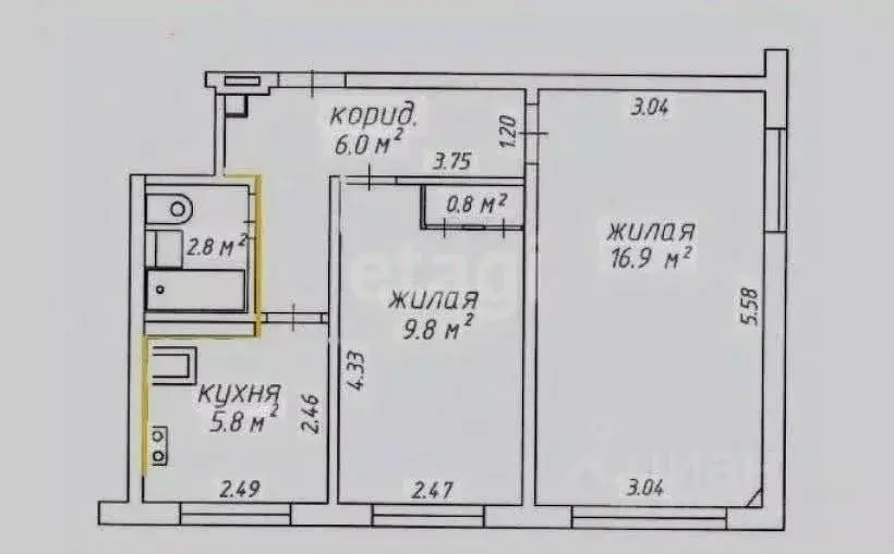 2-к кв. Татарстан, Казань ул. Короленко, 35 (45.3 м) - Фото 1