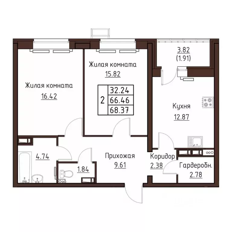 2-к кв. Орловская область, Орел ул. Левый Берег реки Оки, 21к1 (68.37 ... - Фото 0