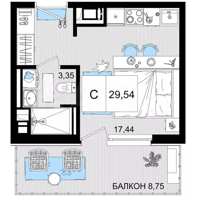 квартира-студия, 28,7 м, 3/8 эт. - Фото 0