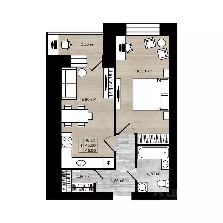 1-к кв. Ярославская область, Ярославль Тормозное ш. (46.95 м) - Фото 0