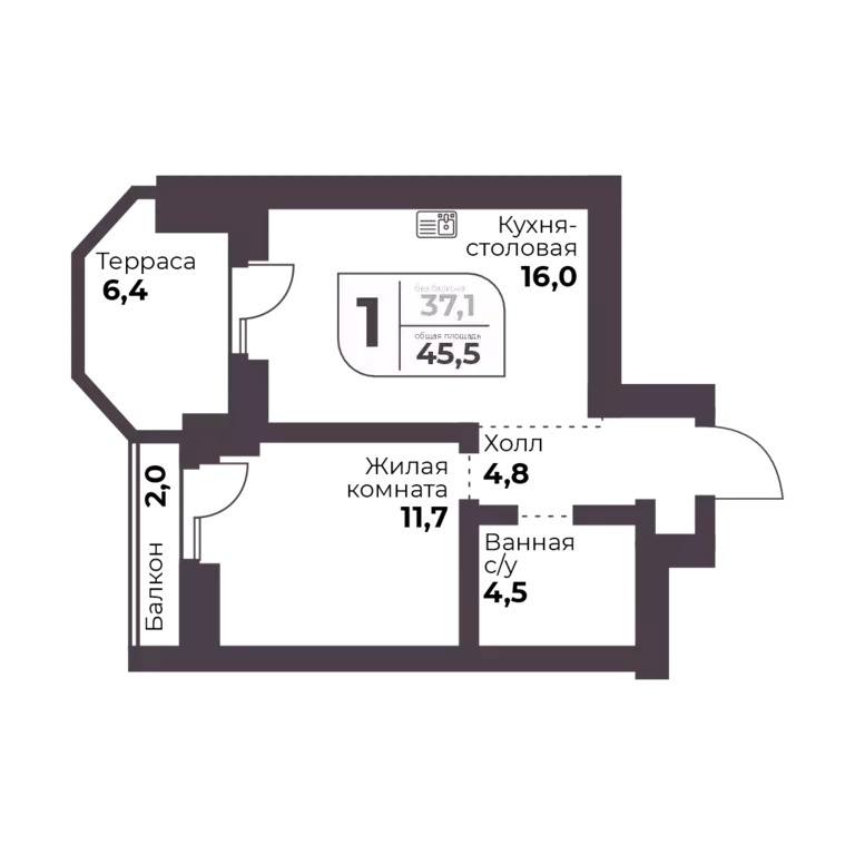 1-к квартира, 37.1 м - Фото 0