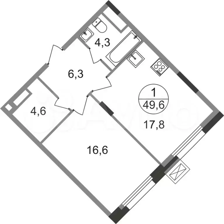 1-к. квартира, 49,6 м, 7/9 эт. - Фото 0