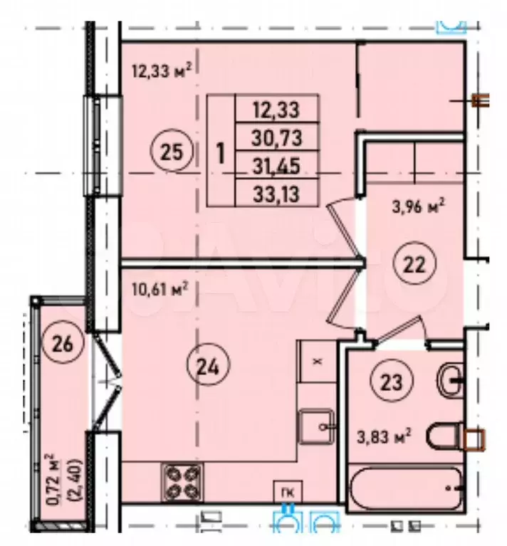 1-к. квартира, 33,1 м, 6/7 эт. - Фото 1