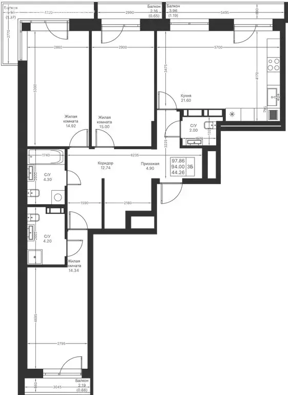 3-комнатная квартира: Казань, ЖК Мой Ритм (97.86 м) - Фото 1