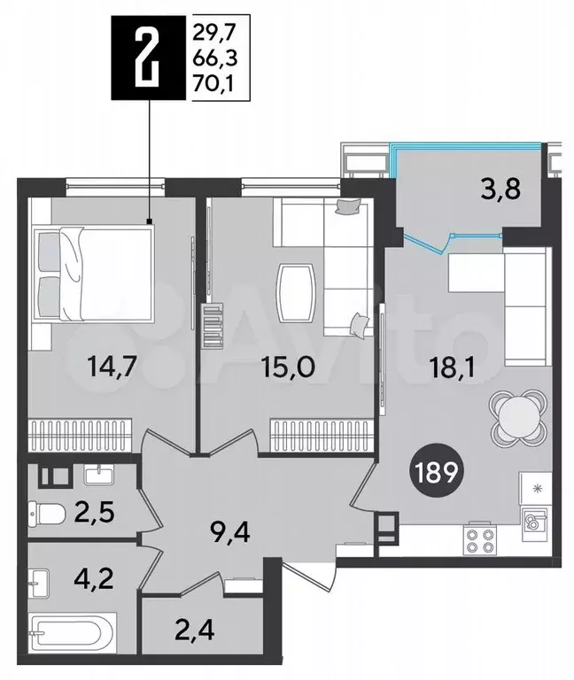 2-к. квартира, 70,1 м, 6/9 эт. - Фото 1