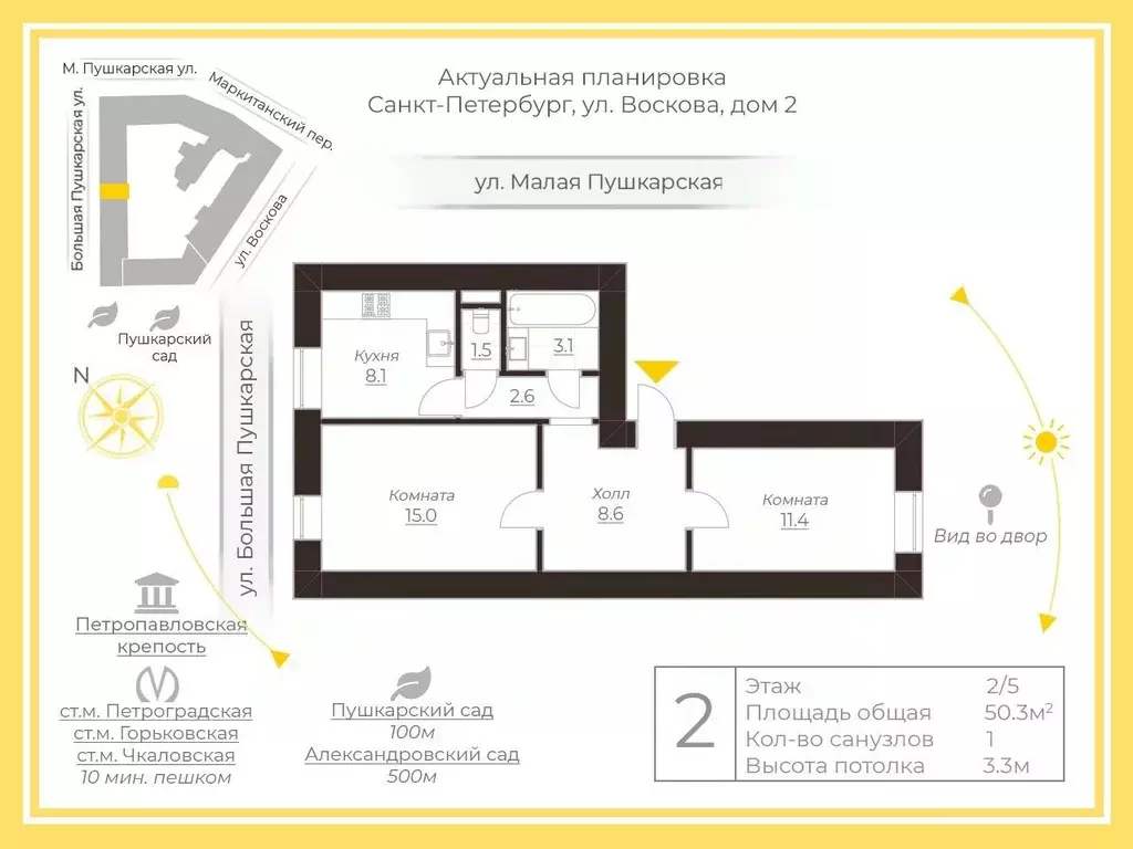 2-к кв. Санкт-Петербург Большая Пушкарская ул., 15 (50.3 м) - Фото 1