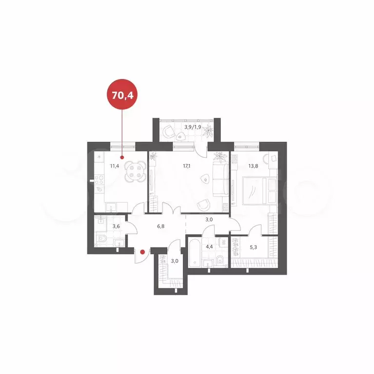 2-к. квартира, 70,4 м, 4/4 эт. - Фото 0
