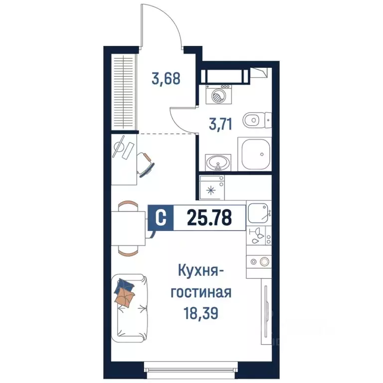 Студия Ленинградская область, Мурино Всеволожский район,  (25.78 м) - Фото 0