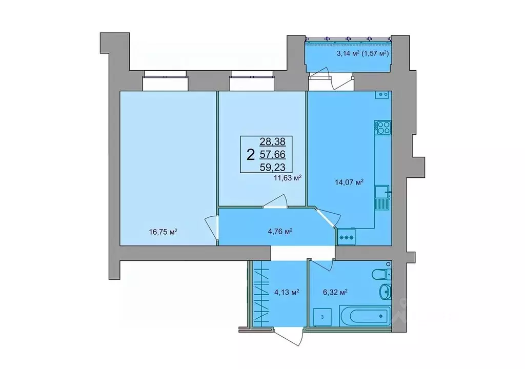 2-к кв. Костромская область, Кострома Привокзальная ул., 12 (60.95 м) - Фото 1