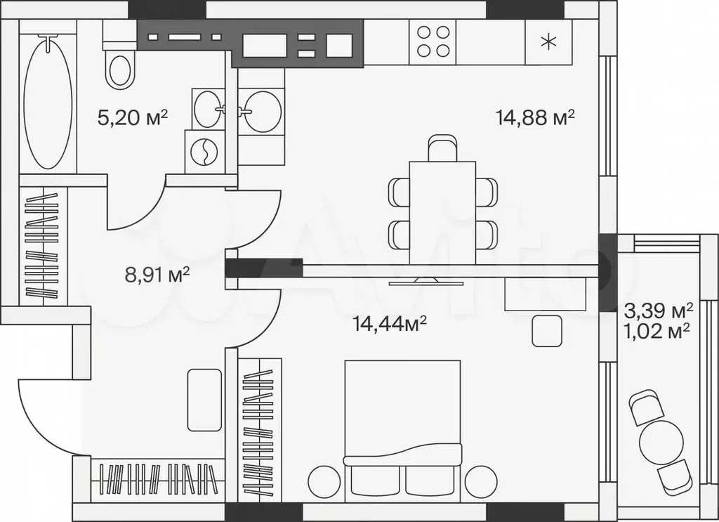 1-к. квартира, 44,5 м, 3/7 эт. - Фото 1