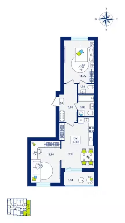 2-к кв. Калининградская область, Зеленоградск  (59.61 м) - Фото 1