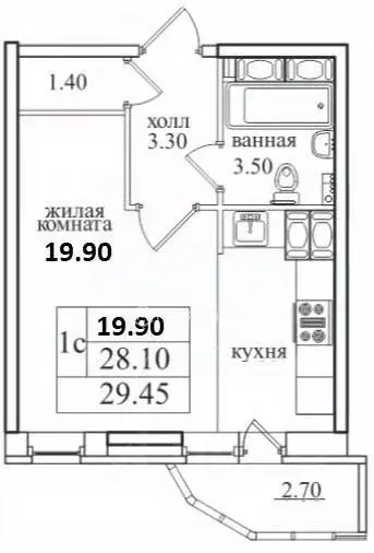 Студия Санкт-Петербург пос. Парголово, Заречная ул., 45к2 (28.7 м) - Фото 2