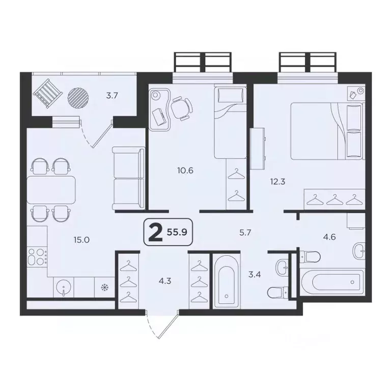 2-к кв. Тюменская область, Тюмень  (55.9 м) - Фото 0