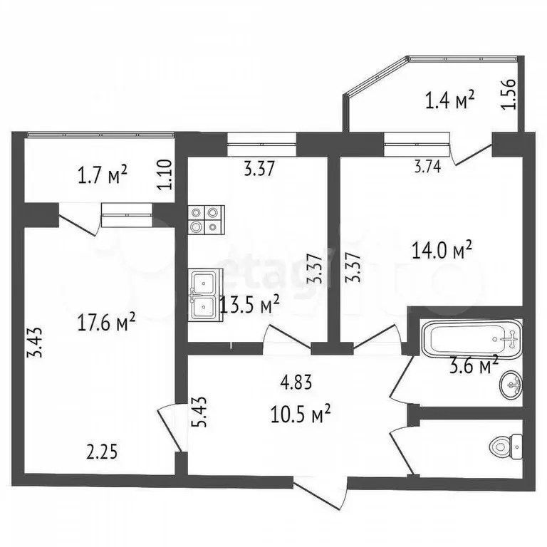 2-к. квартира, 60,8 м, 3/5 эт. - Фото 0