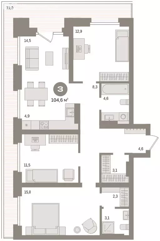 3-комнатная квартира: Тюмень, Причальная улица, 9 (104.8 м) - Фото 2