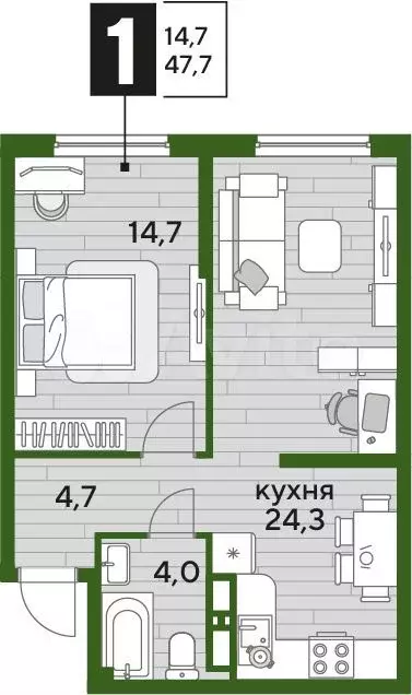 1-к. квартира, 47,7м, 11/16эт. - Фото 1