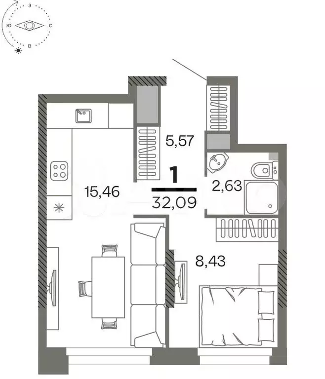 1-к. квартира, 32,1 м, 16/26 эт. - Фото 1