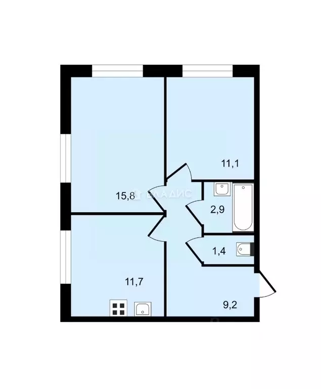 2-к кв. Москва № 100 кв-л, 1к3 (52.2 м) - Фото 1