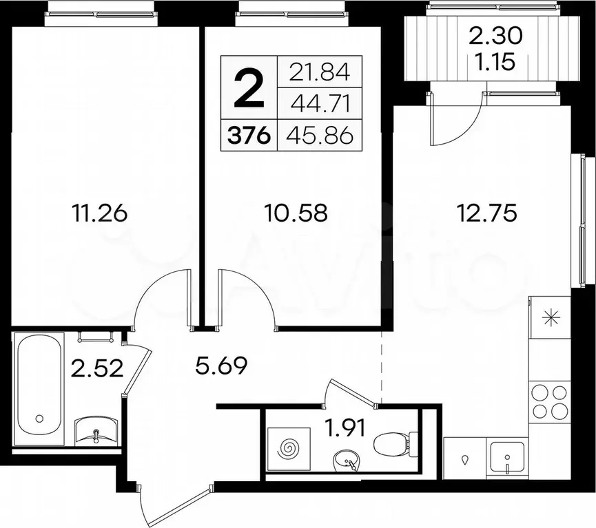 2-к. квартира, 45,9 м, 1/9 эт. - Фото 0