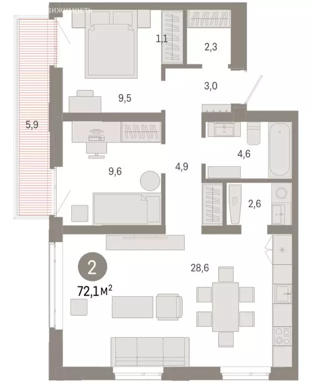 2-комнатная квартира: Тюмень, улица Республики, 205к3 (72.07 м) - Фото 2