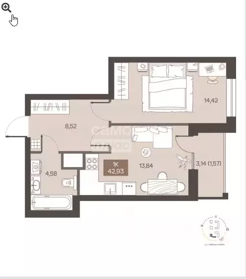 1-к кв. Омская область, Омск ул. Завертяева, 1 (42.93 м) - Фото 2