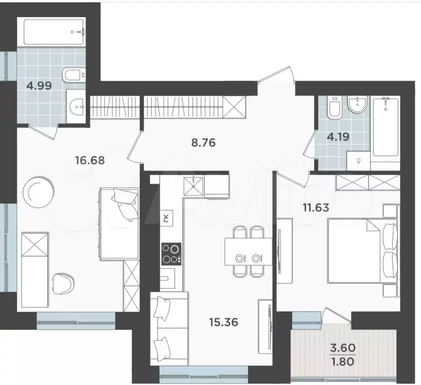 2-к. квартира, 63,4 м, 8/9 эт. - Фото 1