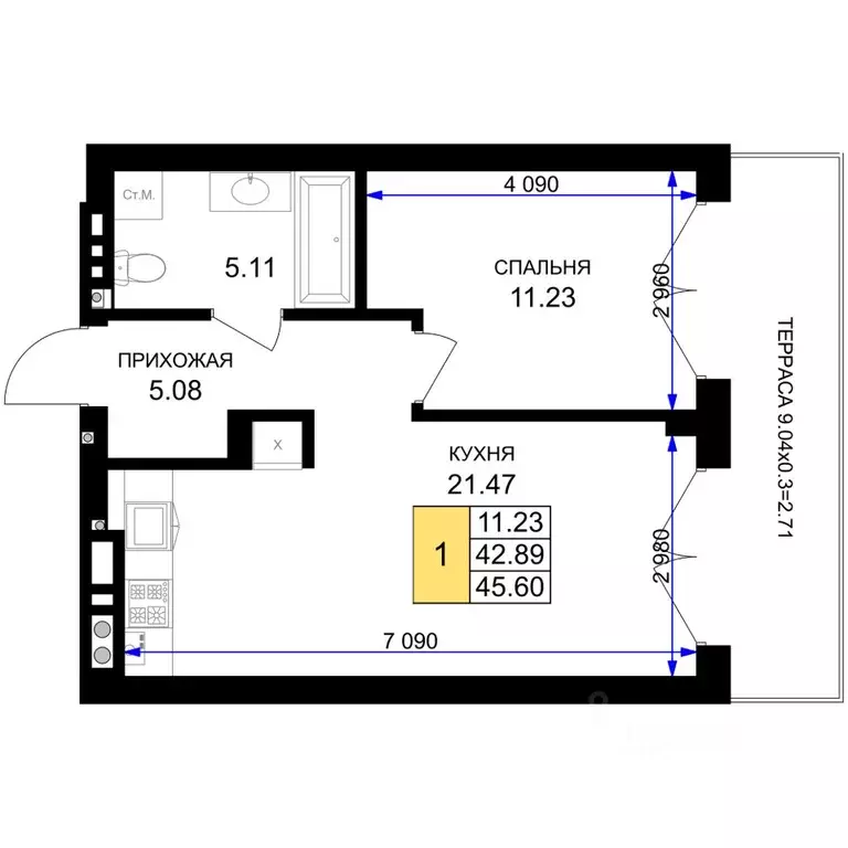 1-к кв. Калининградская область, Гурьевск Включи жилой комплекс (45.6 ... - Фото 1