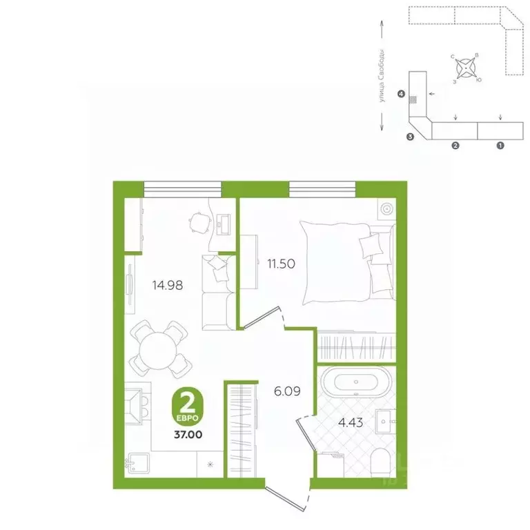 2-к кв. Тюменская область, Ялуторовск ул. Свободы, 242 (37.0 м) - Фото 0