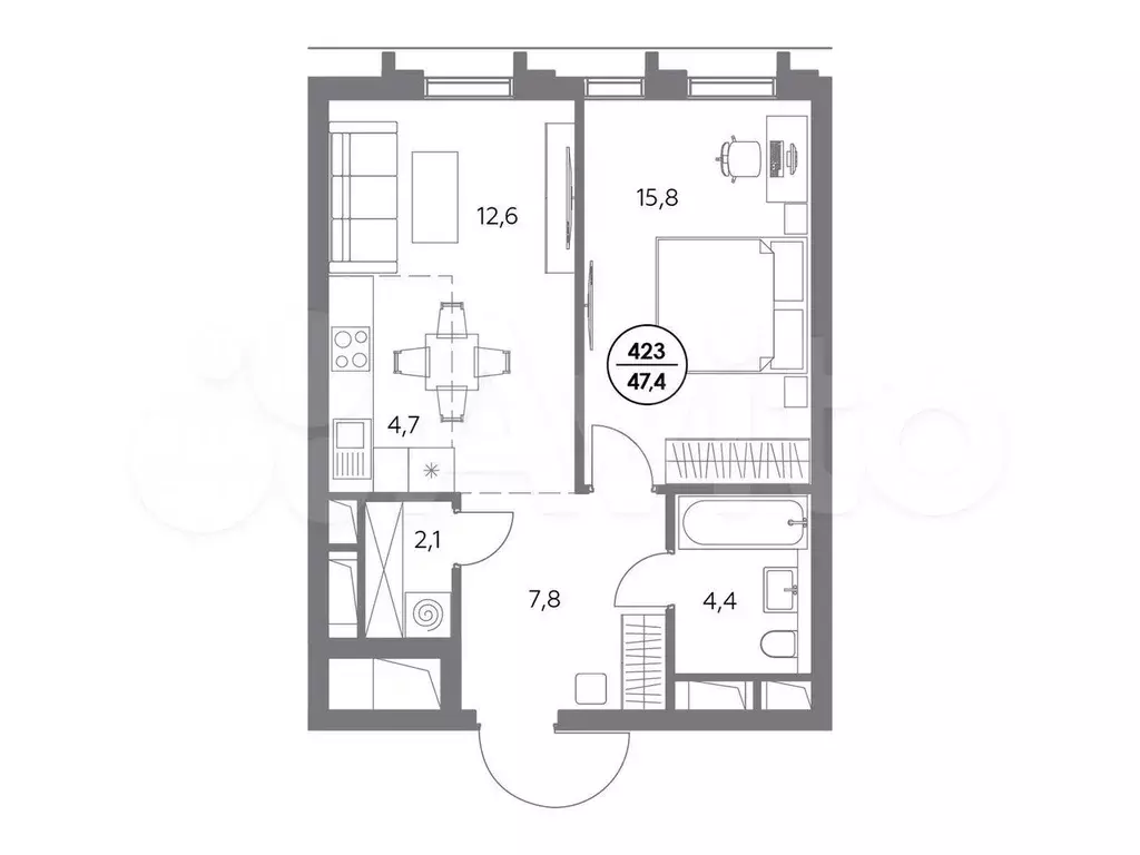 1-к. квартира, 47,4 м, 9/23 эт. - Фото 0