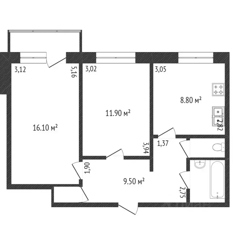 2-к кв. Коми, Сыктывкар ул. Кутузова, 13 (51.8 м) - Фото 1