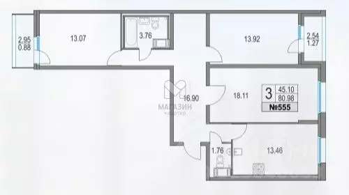 3-к кв. Санкт-Петербург Богатырский просп., 2А (80.98 м) - Фото 2