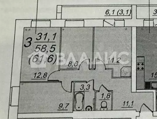 3-к. квартира, 61,7 м, 5/12 эт. - Фото 0