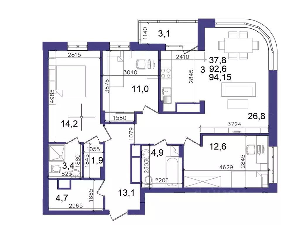 3-к кв. Рязанская область, Рязань Быстрецкая ул., 10к1 (92.6 м) - Фото 0