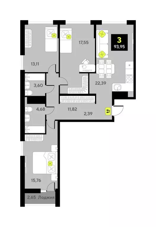 3-комнатная квартира: Тюмень, улица Ивана Чистякова, 3 (90.2 м) - Фото 1