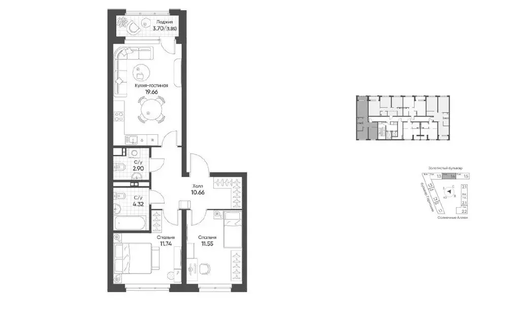 2-комнатная квартира: Екатеринбург, бульвар Вдохновения, 4 (60.1 м) - Фото 1