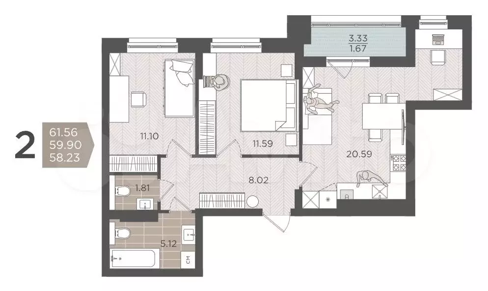 2-к. квартира, 61,6 м, 6/9 эт. - Фото 1