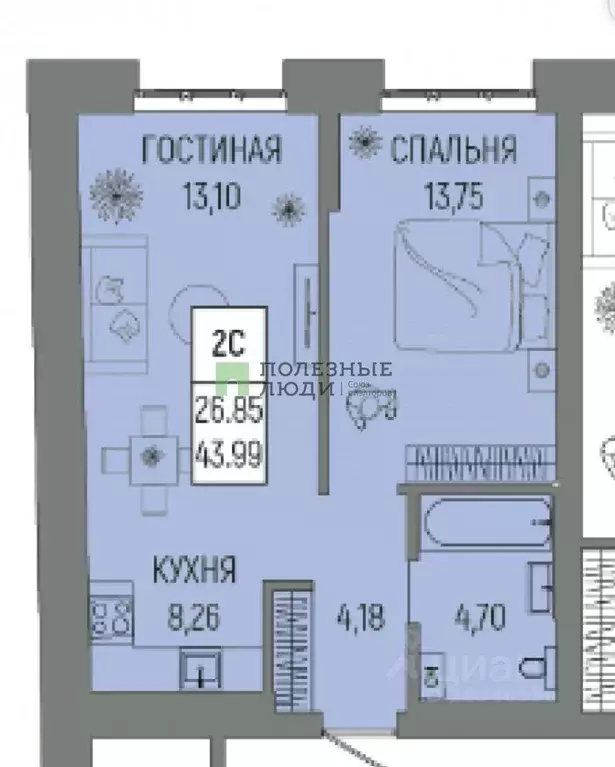 2-к кв. Башкортостан, Уфа ул. Рудольфа Нуреева, 7 (43.99 м) - Фото 1