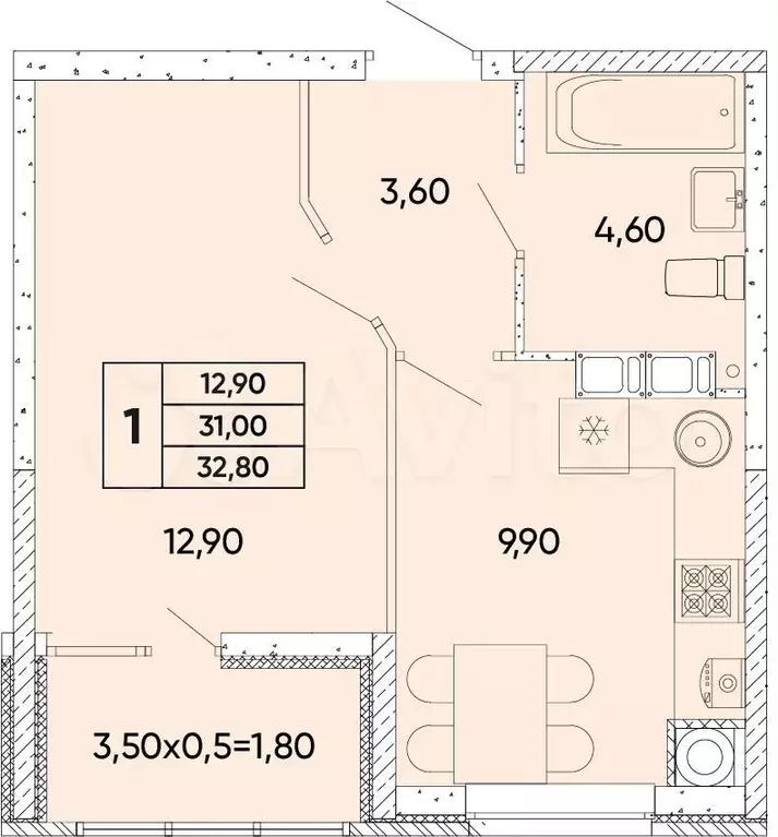 1-к. квартира, 32,8 м, 8/9 эт. - Фото 0