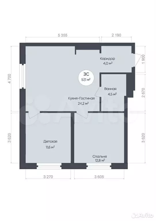 3-к. квартира, 57,1м, 13/25эт. - Фото 1