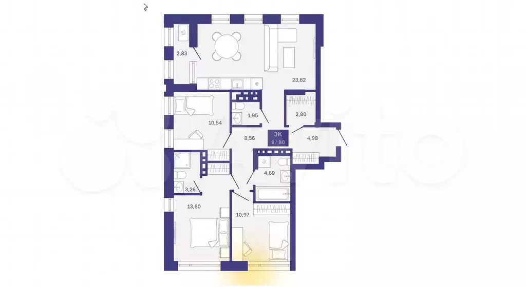 3-к. квартира, 85 м, 3/5 эт. - Фото 1